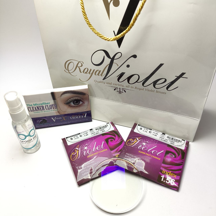عدسی فتوکرومیک فست چنج آنتی بنفش VIOLET 1.56 ویولت به همراه پک اسپری و دستمال اورجینال